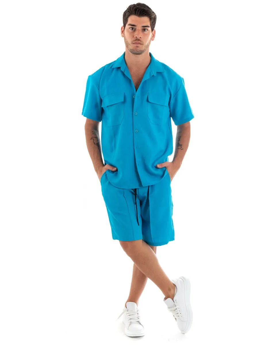 Completo Set Coordinato Uomo Viscosa Camicia Con Colletto Bermuda Outfit Turchese GIOSAL-OU2371A