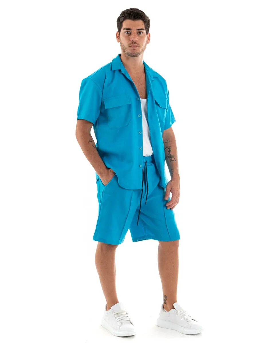 Completo Set Coordinato Uomo Viscosa Camicia Con Colletto Bermuda Outfit Turchese GIOSAL-OU2371A