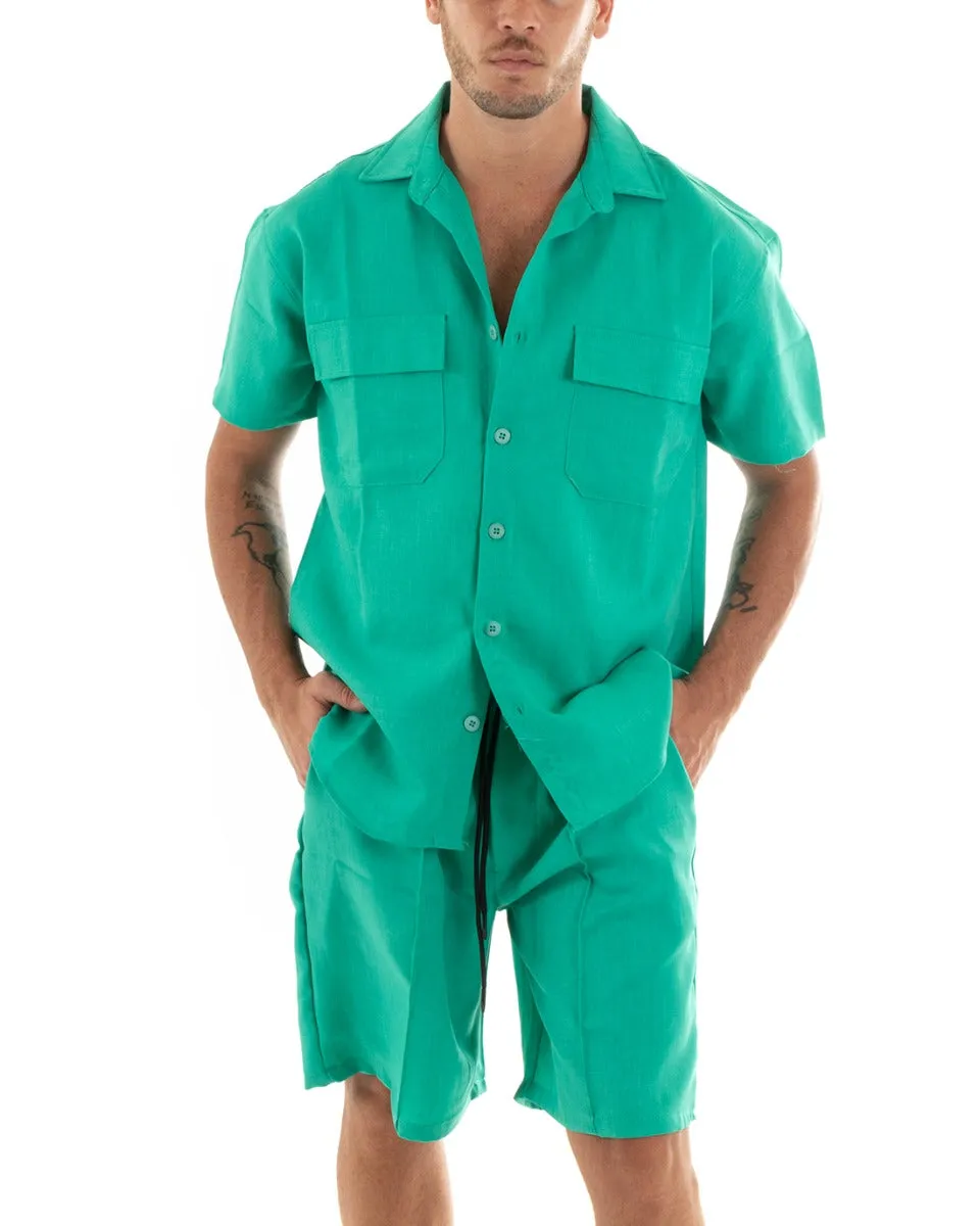 Completo Set Coordinato Uomo Viscosa Camicia Con Colletto Bermuda Outfit Verde Menta GIOSAL-OU2370A