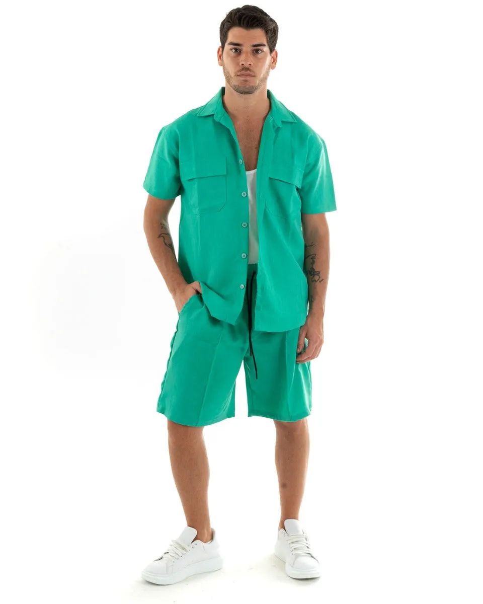 Completo Set Coordinato Uomo Viscosa Camicia Con Colletto Bermuda Outfit Verde Menta GIOSAL-OU2370A