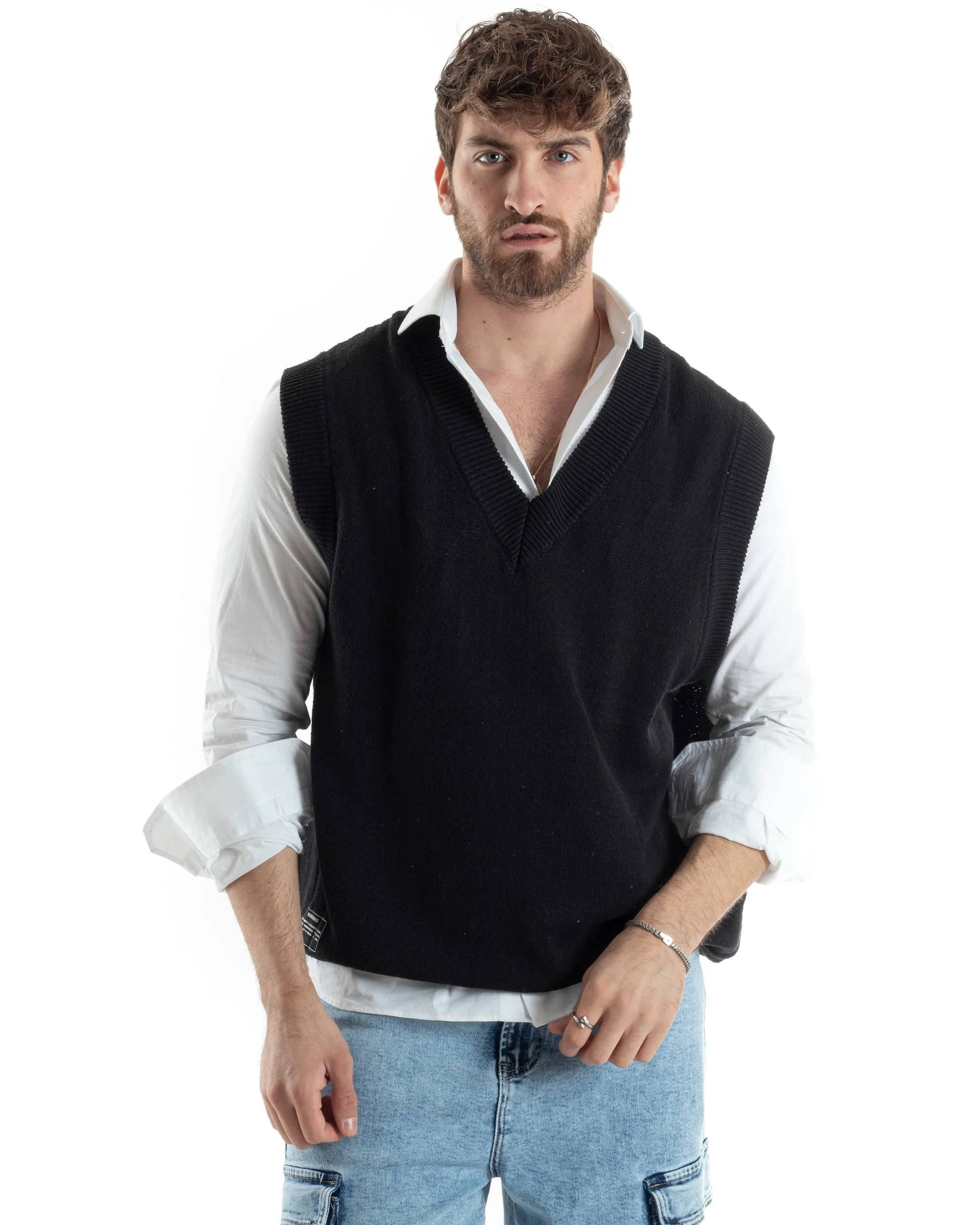 Maglia Gilet Uomo Maglioncino Scollo V Smanicato Basic Casual Tinta Unita Nero GIOSAL-M2827A