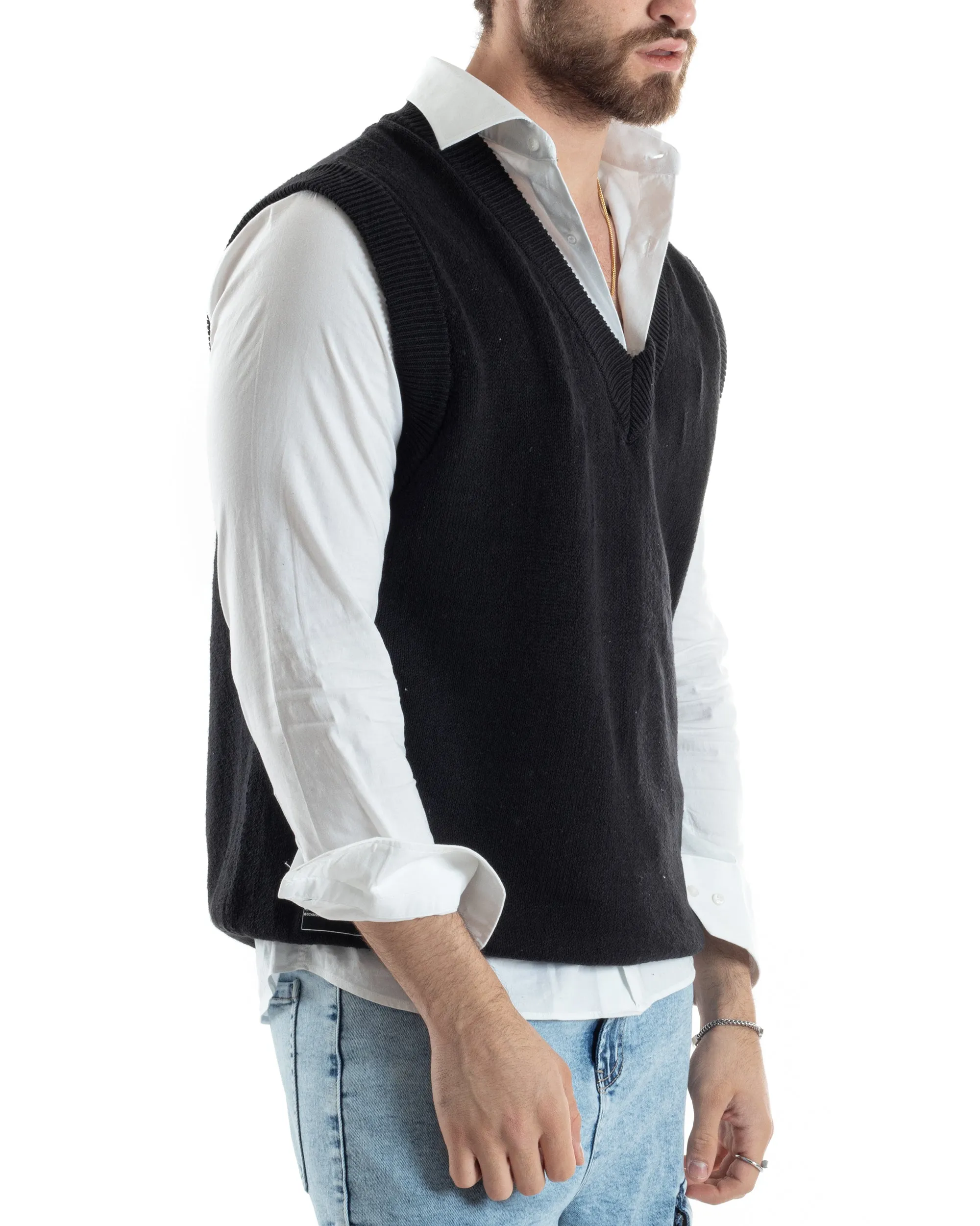 Maglia Gilet Uomo Maglioncino Scollo V Smanicato Basic Casual Tinta Unita Nero GIOSAL-M2827A