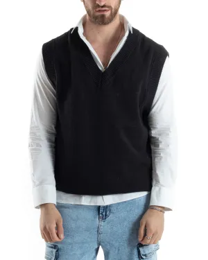 Maglia Gilet Uomo Maglioncino Scollo V Smanicato Basic Casual Tinta Unita Nero GIOSAL-M2827A