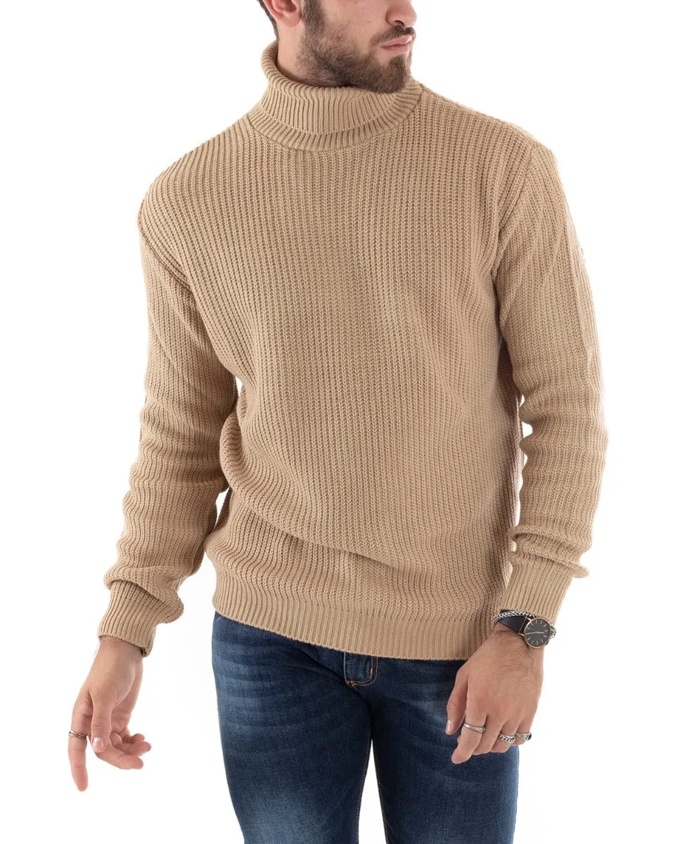 Maglioncino Uomo Collo Alto Tinta Unita Beige Maglia Inglese Dolcevita Basic GIOSAL-M2349A