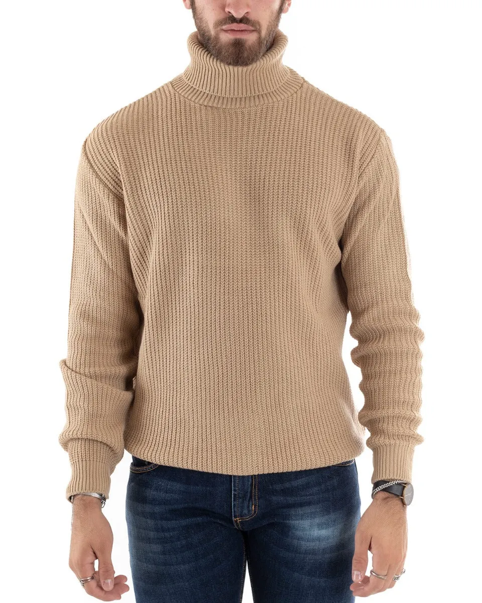 Maglioncino Uomo Collo Alto Tinta Unita Beige Maglia Inglese Dolcevita Basic GIOSAL-M2349A