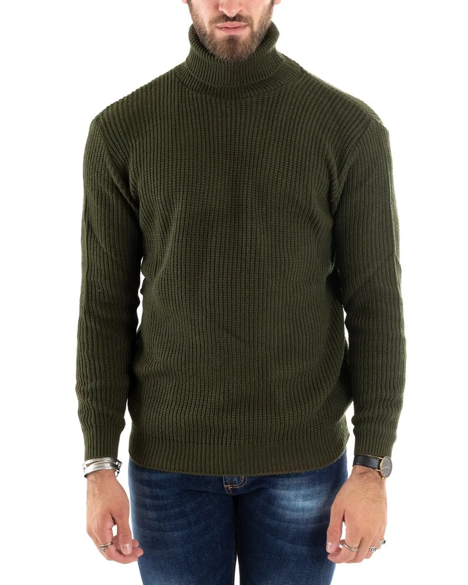 Maglioncino Uomo Collo Alto Tinta Unita Verde Militare Maglia Inglese Dolcevita Basic GIOSAL-M2355A