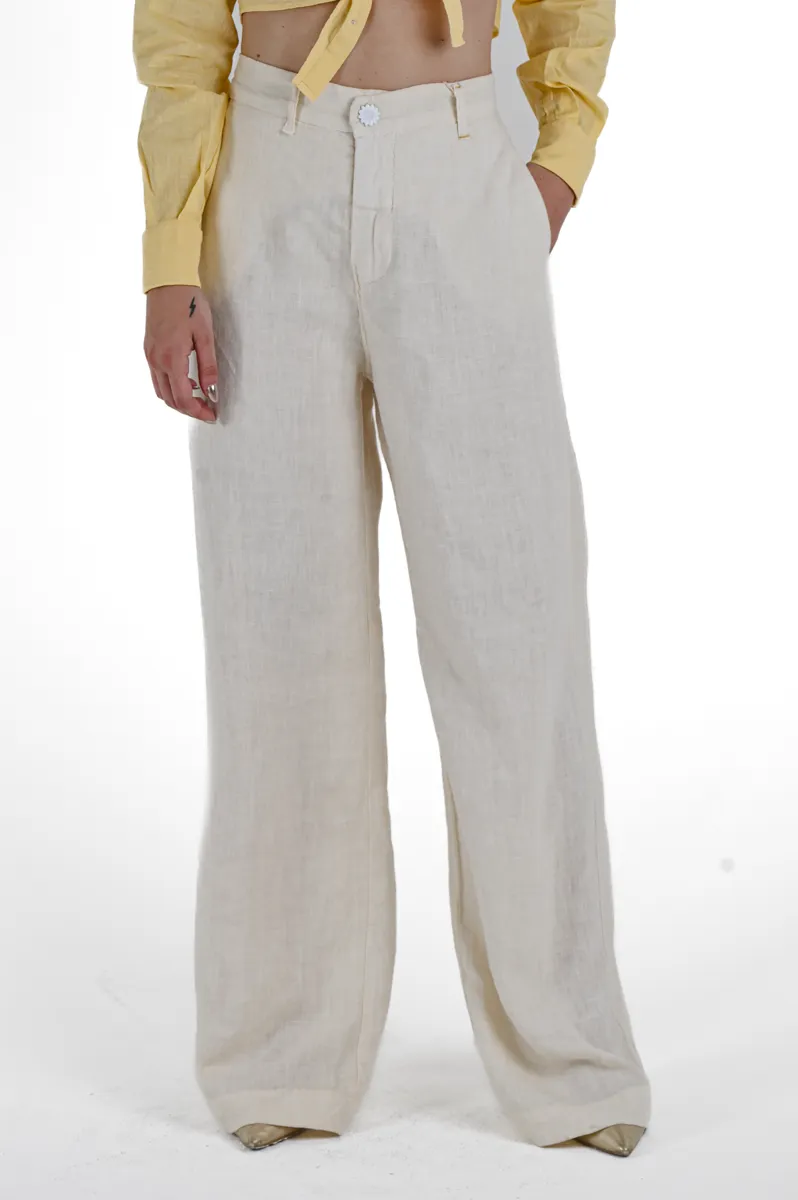 Pantaloni donna wide leg Giulia Lino Panna SS24