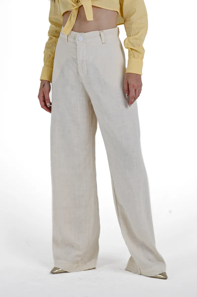 Pantaloni donna wide leg Giulia Lino Panna SS24