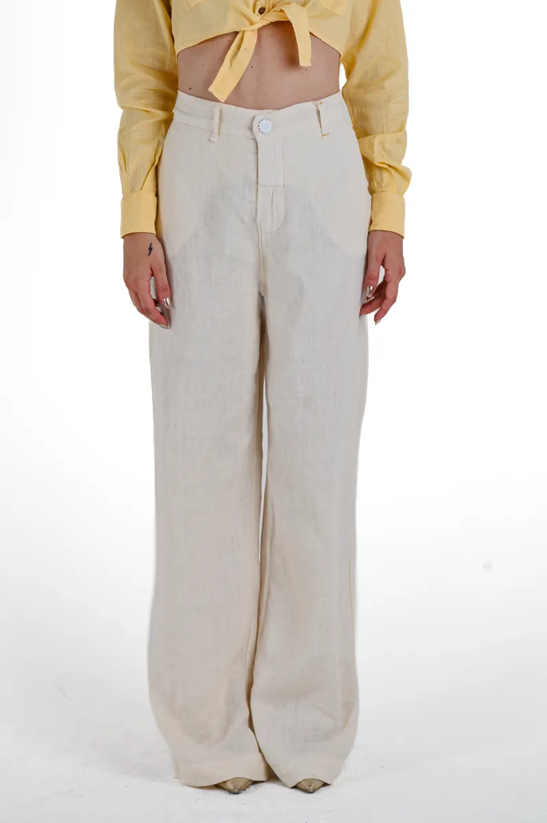 Pantaloni donna wide leg Giulia Lino Panna SS24