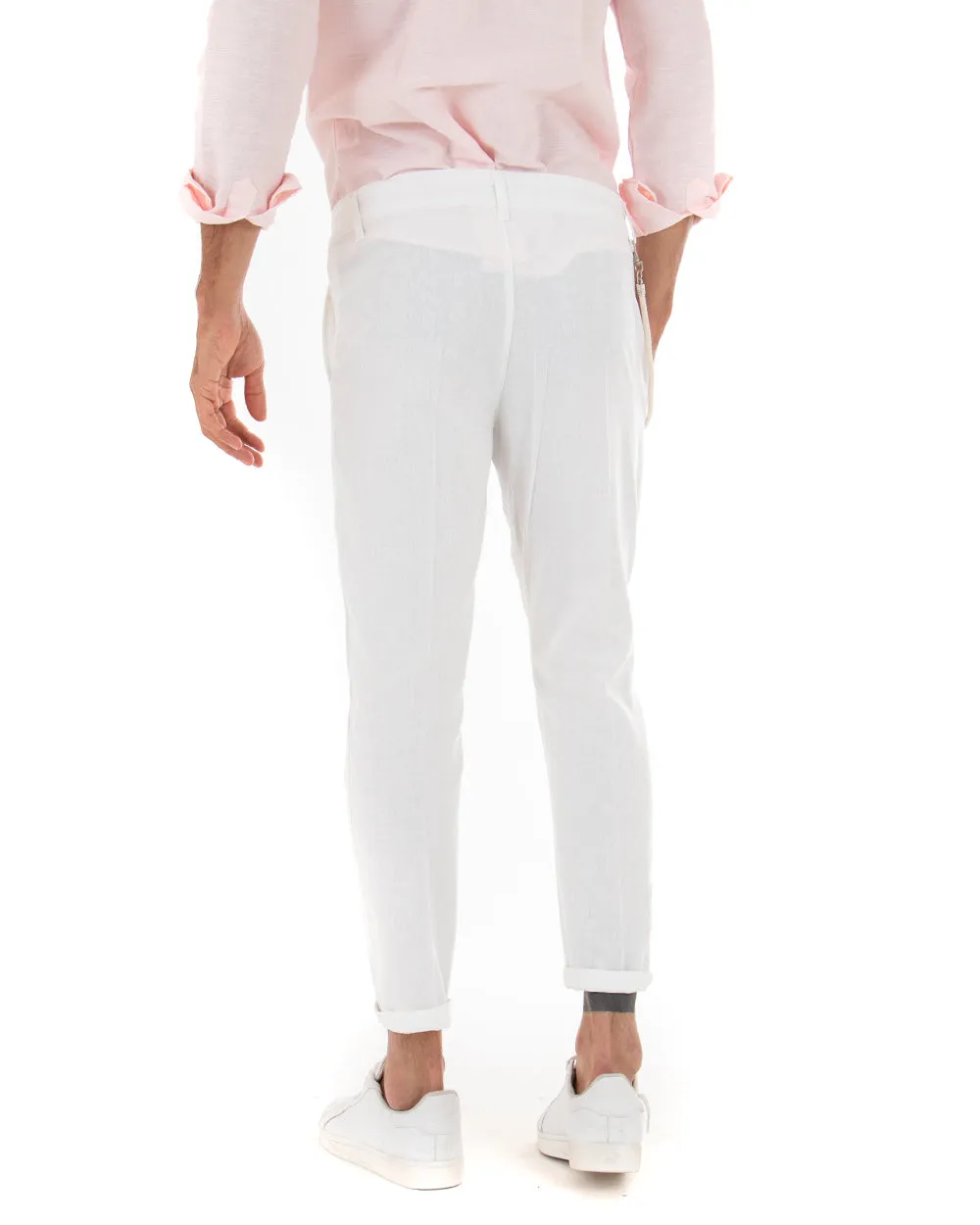 Pantaloni Uomo Lino Tasca America Abbottonatura Allungata Classico Elegante Bianco GIOSAL-P5260A