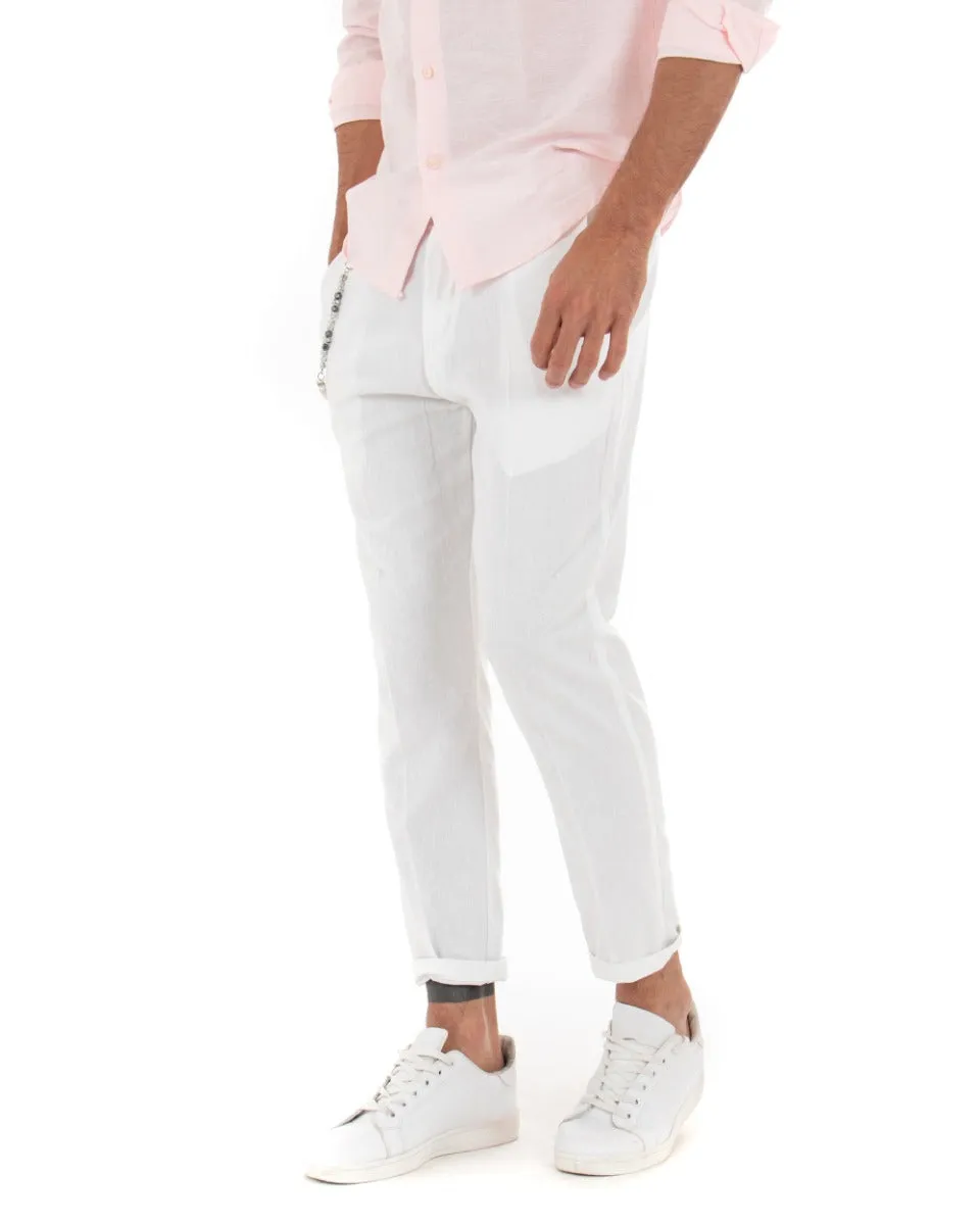 Pantaloni Uomo Lino Tasca America Abbottonatura Allungata Classico Elegante Bianco GIOSAL-P5260A