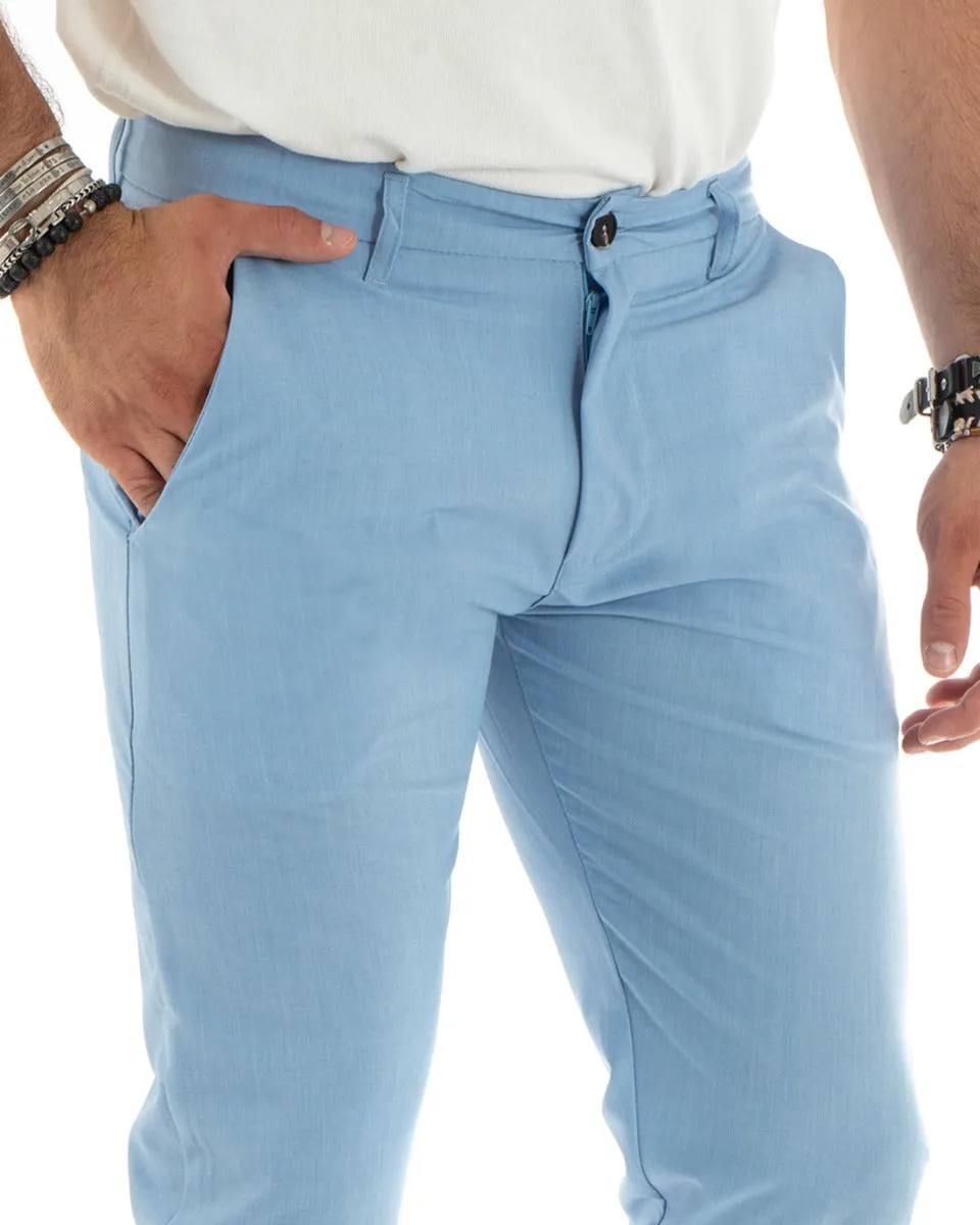 Pantaloni Uomo Lungo Tinta Unita Classico Elegante Tasca America Azzurro GIOSAL-P5864A