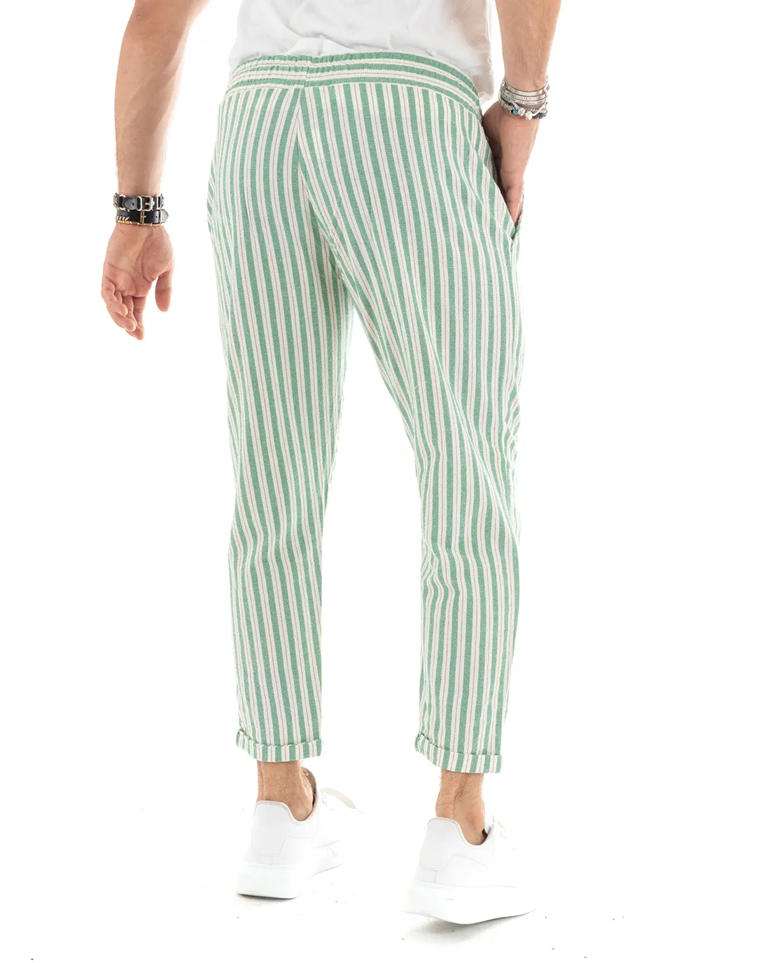 Pantaloni Uomo Pantalaccio Elastico Coulisse Rigato Righe Casual Verde GIOSAL-P5842A