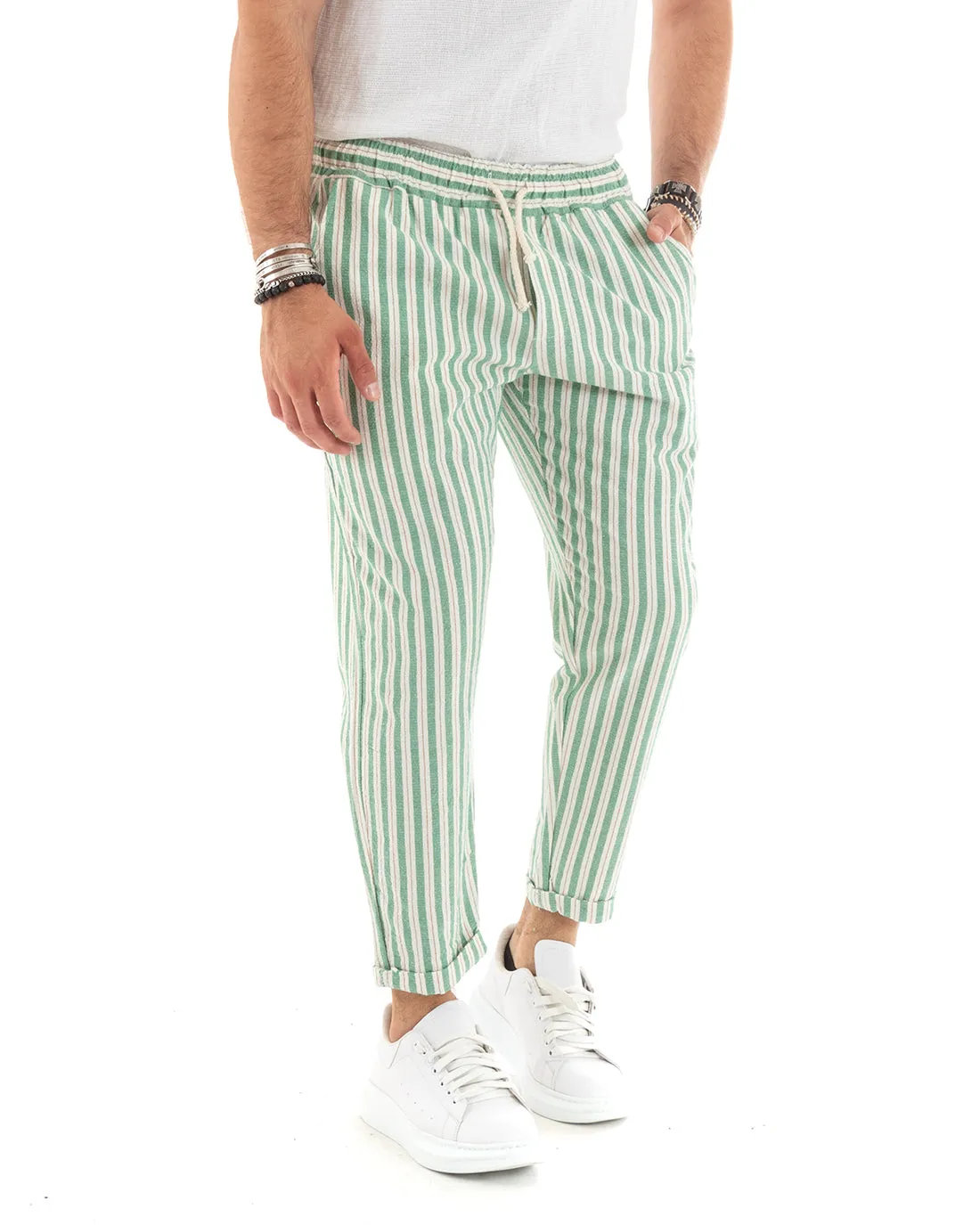 Pantaloni Uomo Pantalaccio Elastico Coulisse Rigato Righe Casual Verde GIOSAL-P5842A