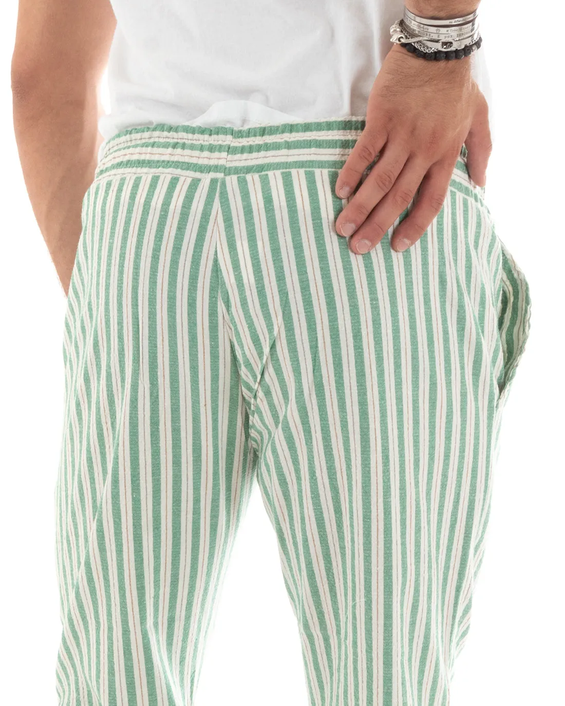 Pantaloni Uomo Pantalaccio Elastico Coulisse Rigato Righe Casual Verde GIOSAL-P5842A