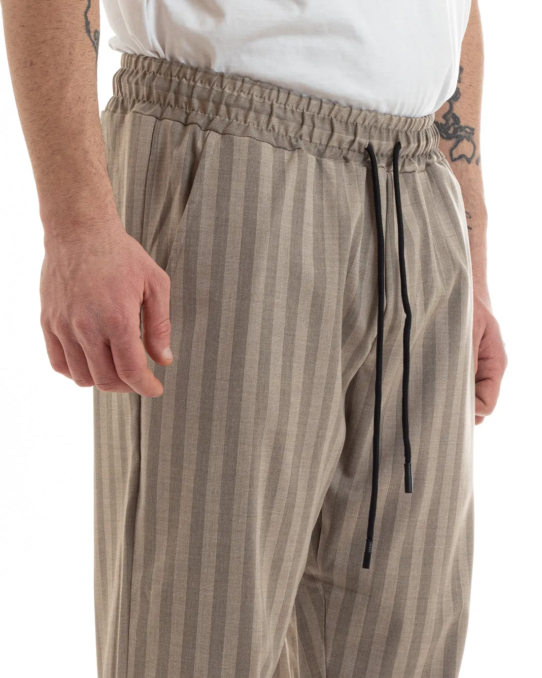 Pantaloni Uomo Pantalaccio Gessato Rigato Elastico Casual Camel GIOSAL-P5654A