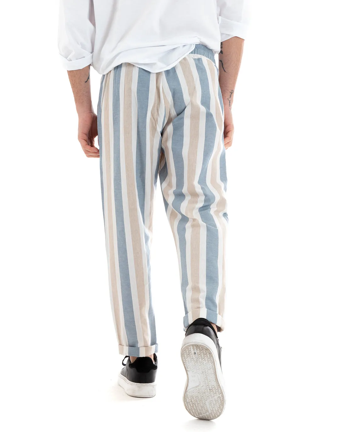 Pantaloni Uomo Pantalaccio Rigato Multicolore Celeste Elastico Coulisse GIOSAL-P5742A