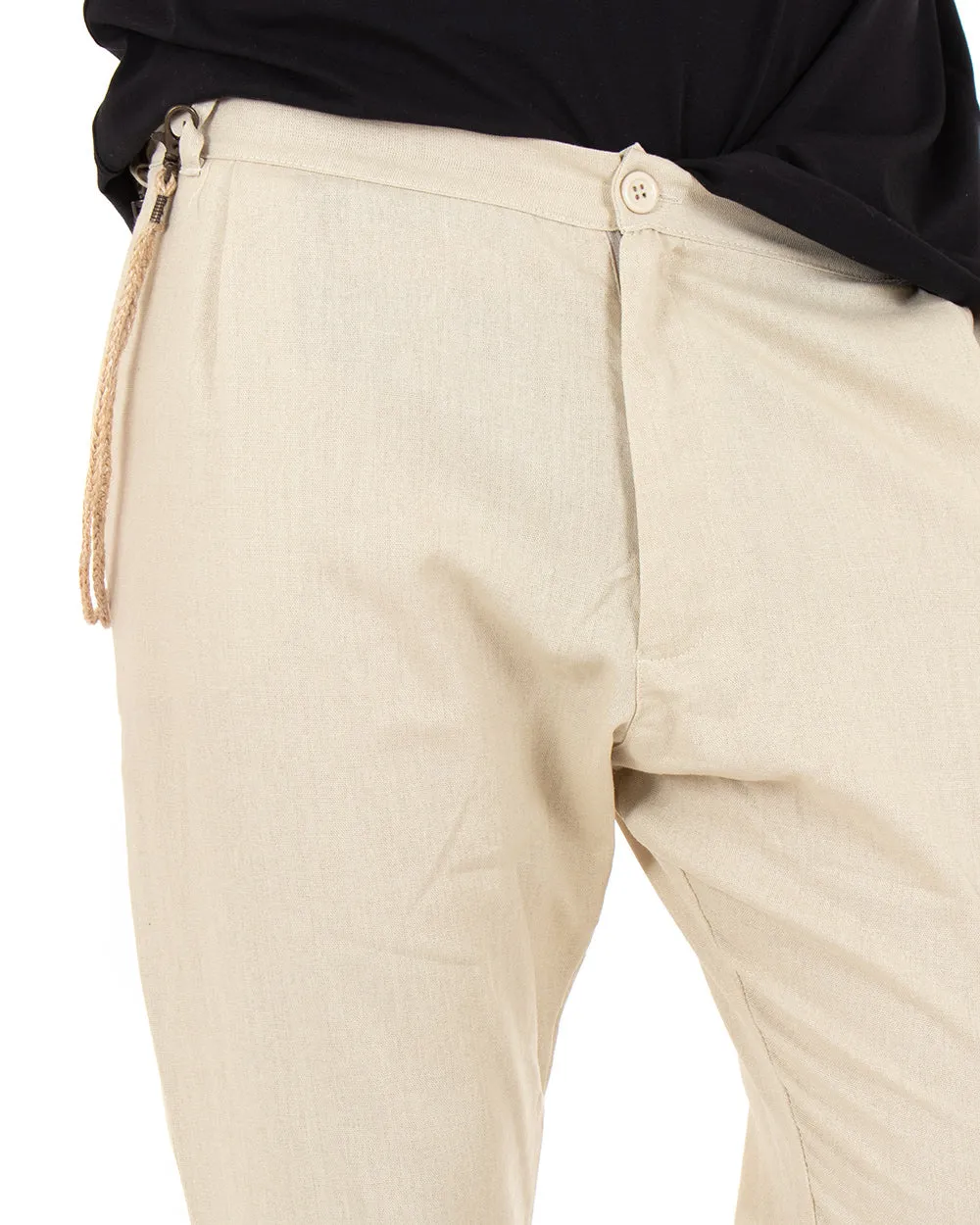 Pantaloni Uomo Tasca America Bottone Lino Tinta Unita Beige Casual GIOSAL-P3808A