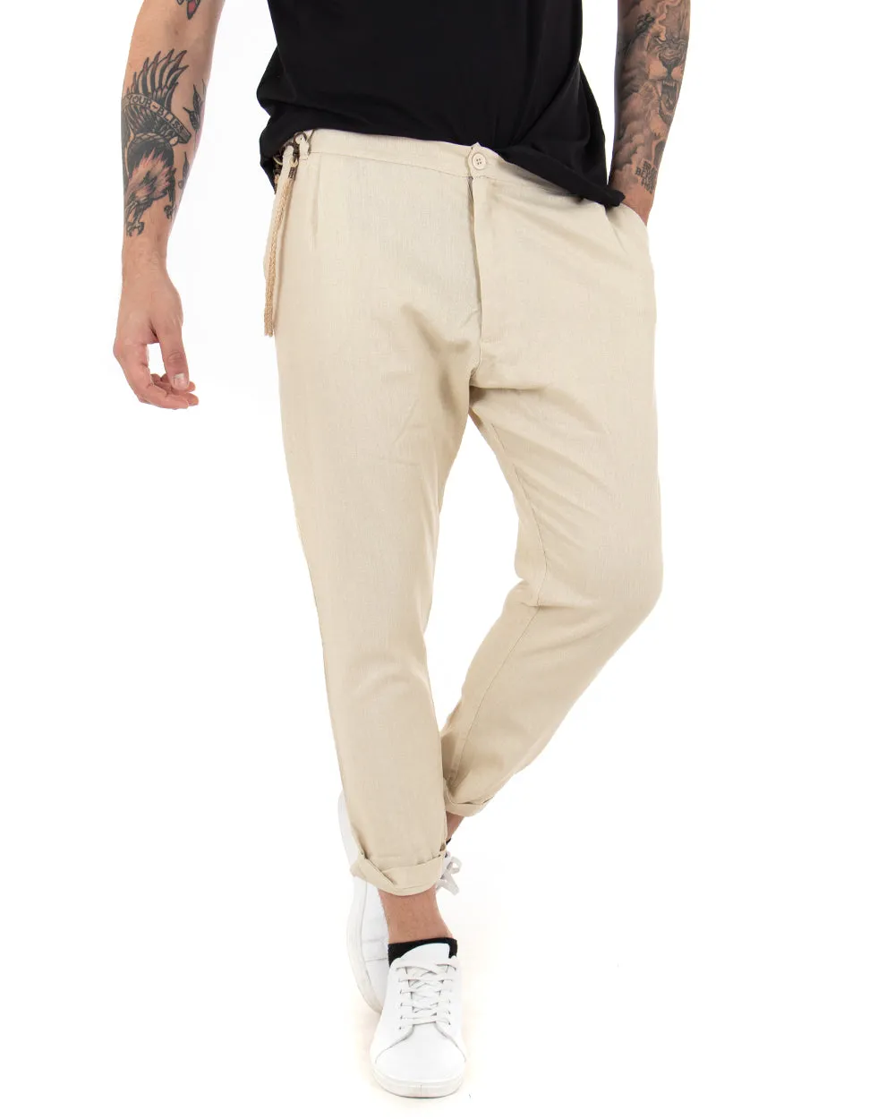 Pantaloni Uomo Tasca America Bottone Lino Tinta Unita Beige Casual GIOSAL-P3808A