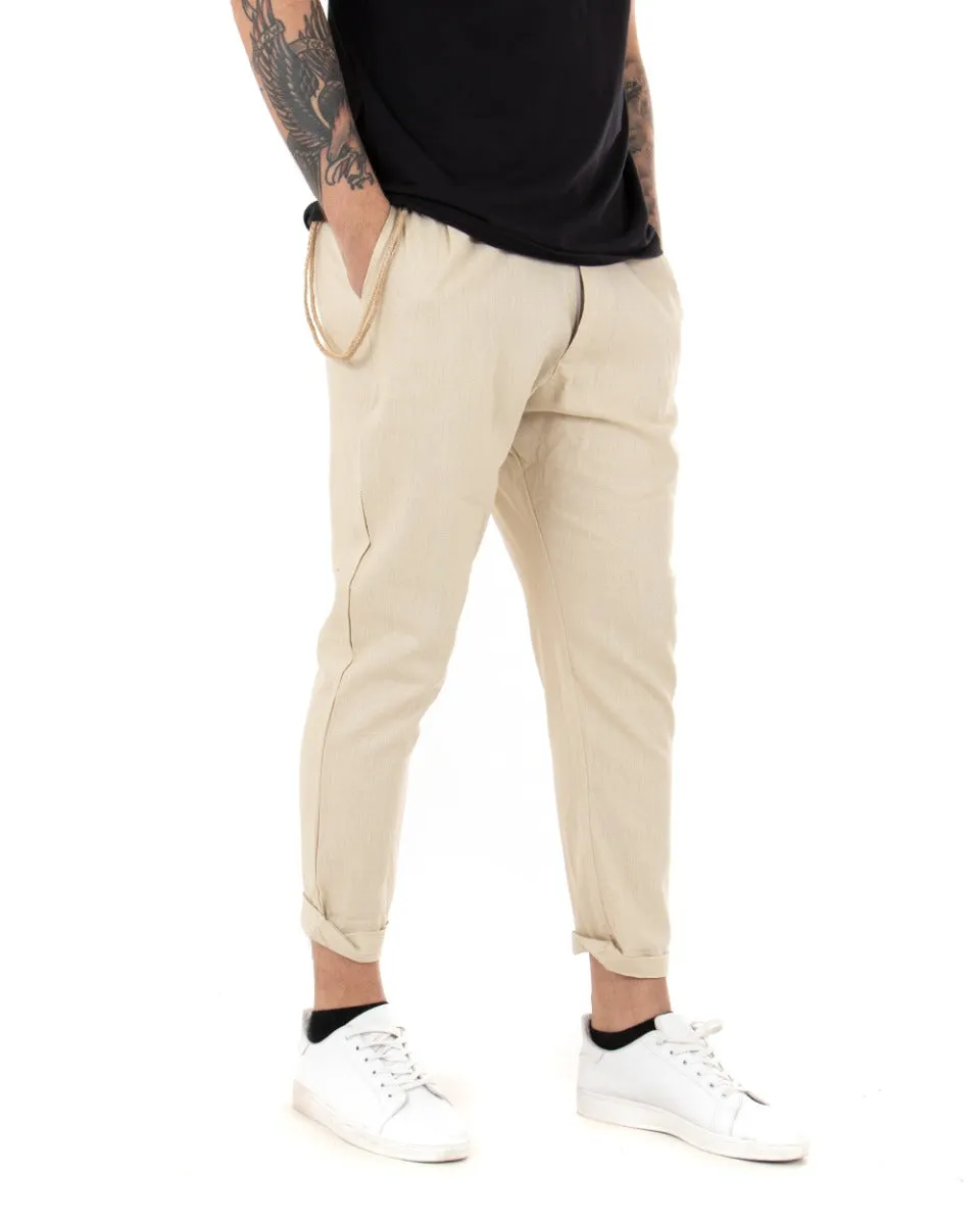 Pantaloni Uomo Tasca America Bottone Lino Tinta Unita Beige Casual GIOSAL-P3808A