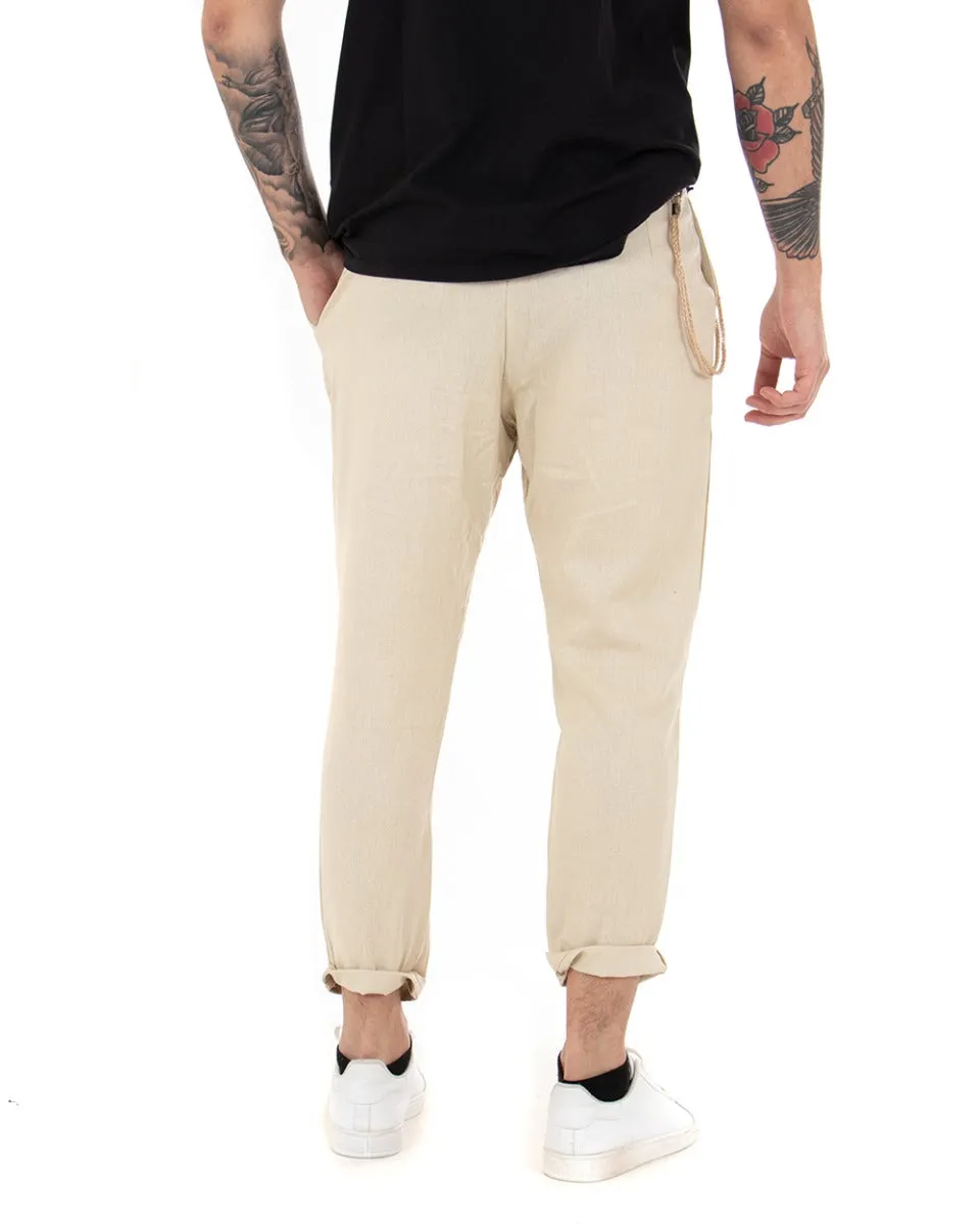 Pantaloni Uomo Tasca America Bottone Lino Tinta Unita Beige Casual GIOSAL-P3808A