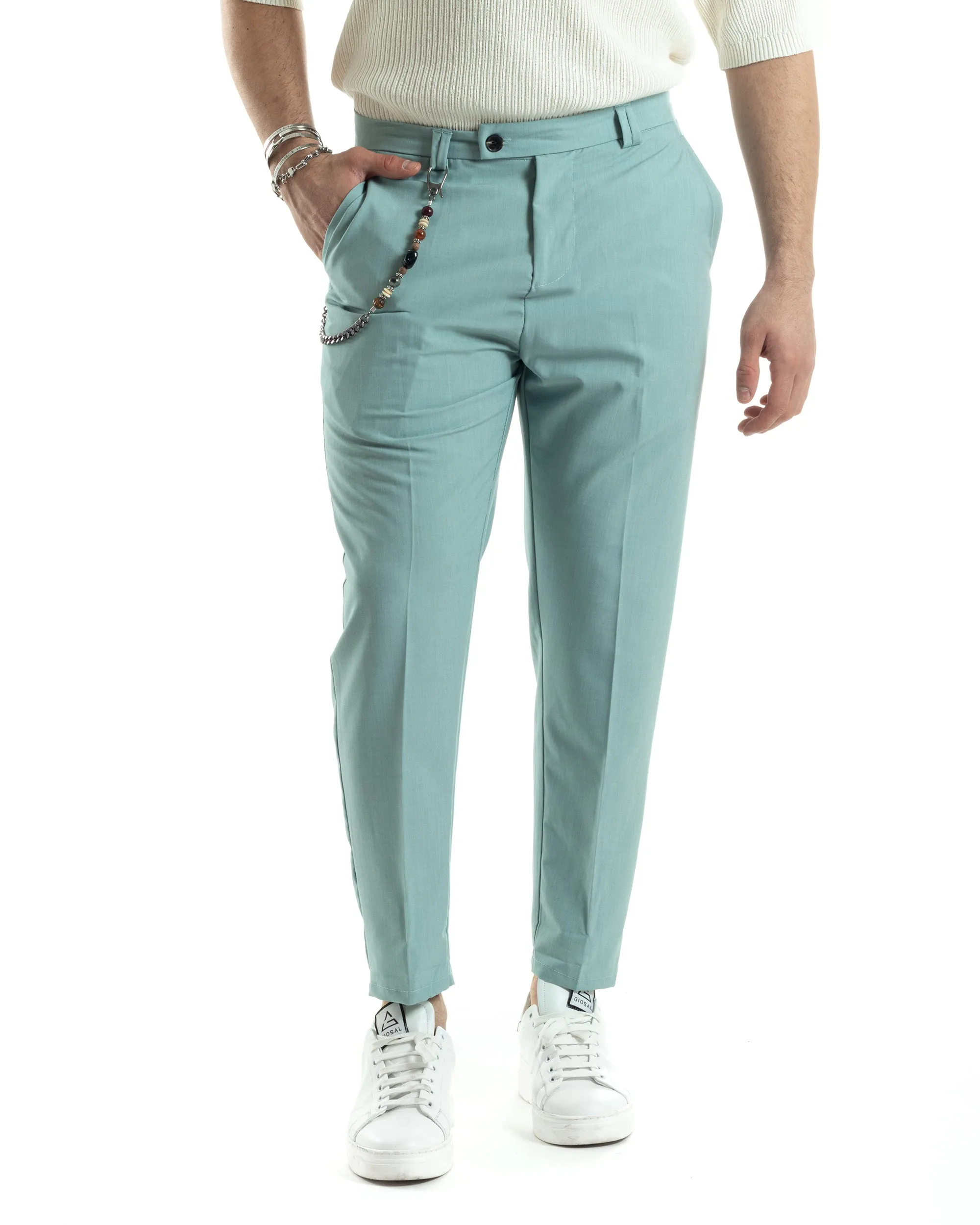 Pantaloni Uomo Viscosa Tasca America Verde Acqua Abbottonatura Allungata Capri Sartoriale GIOSAL-P6064A