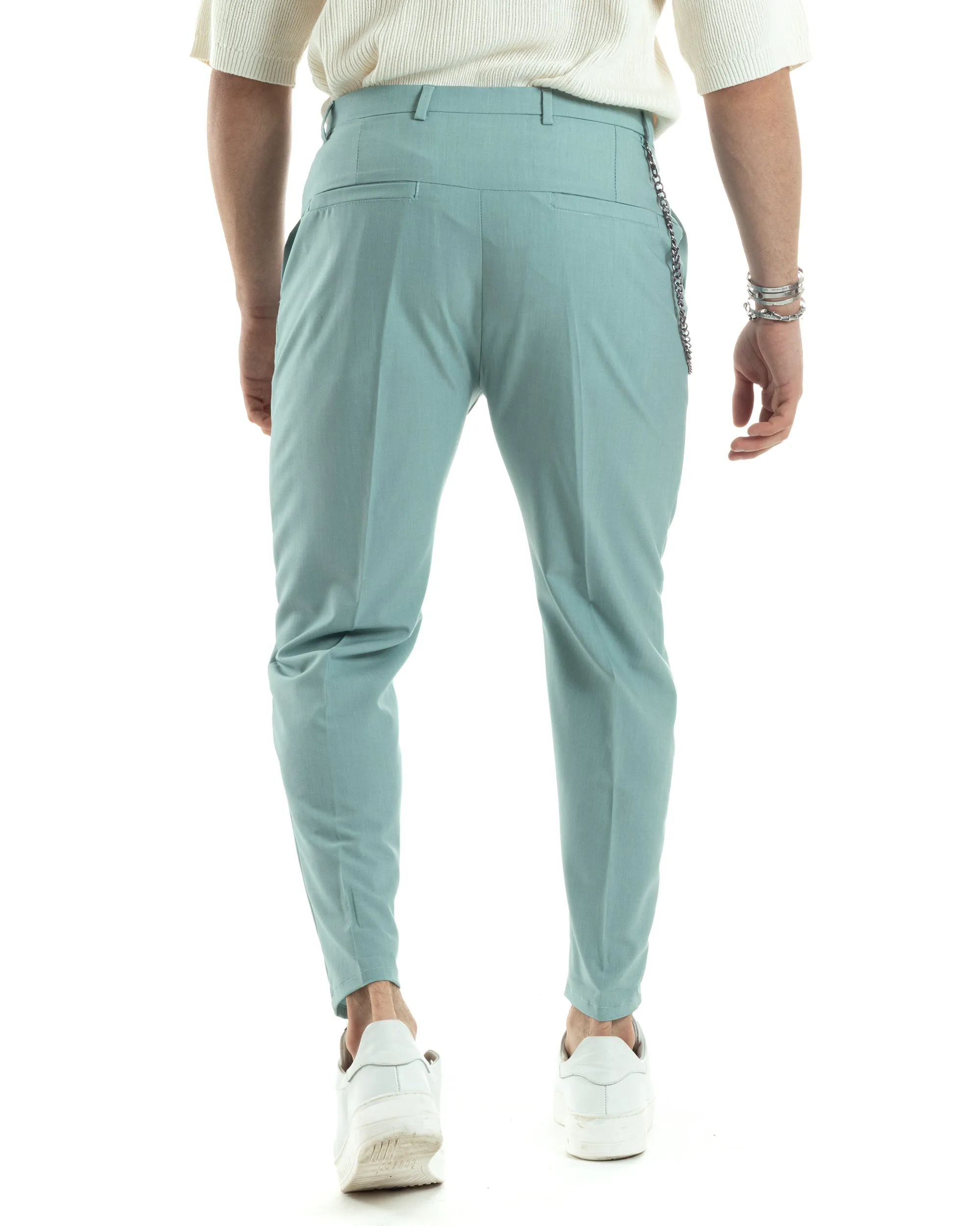 Pantaloni Uomo Viscosa Tasca America Verde Acqua Abbottonatura Allungata Capri Sartoriale GIOSAL-P6064A