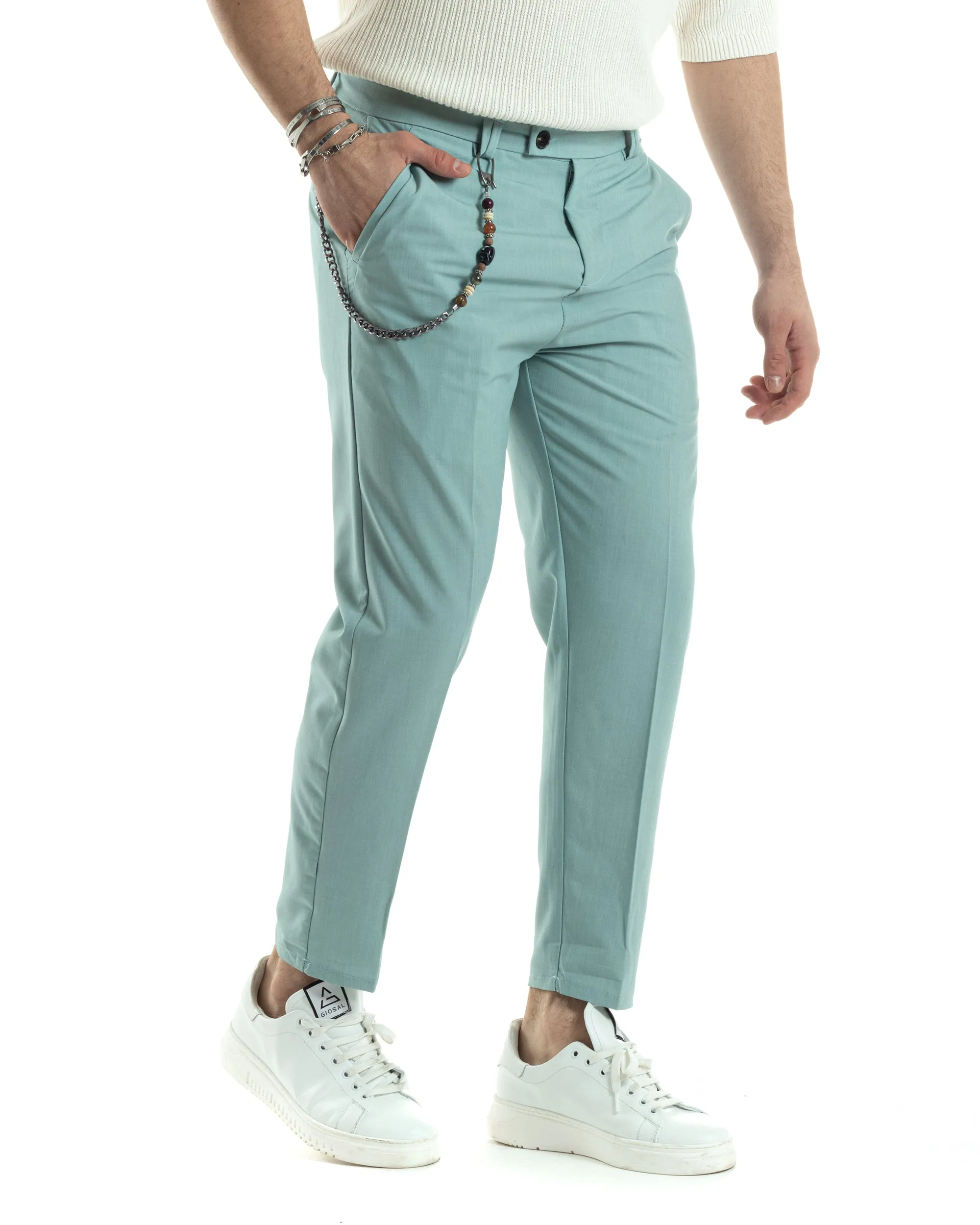 Pantaloni Uomo Viscosa Tasca America Verde Acqua Abbottonatura Allungata Capri Sartoriale GIOSAL-P6064A