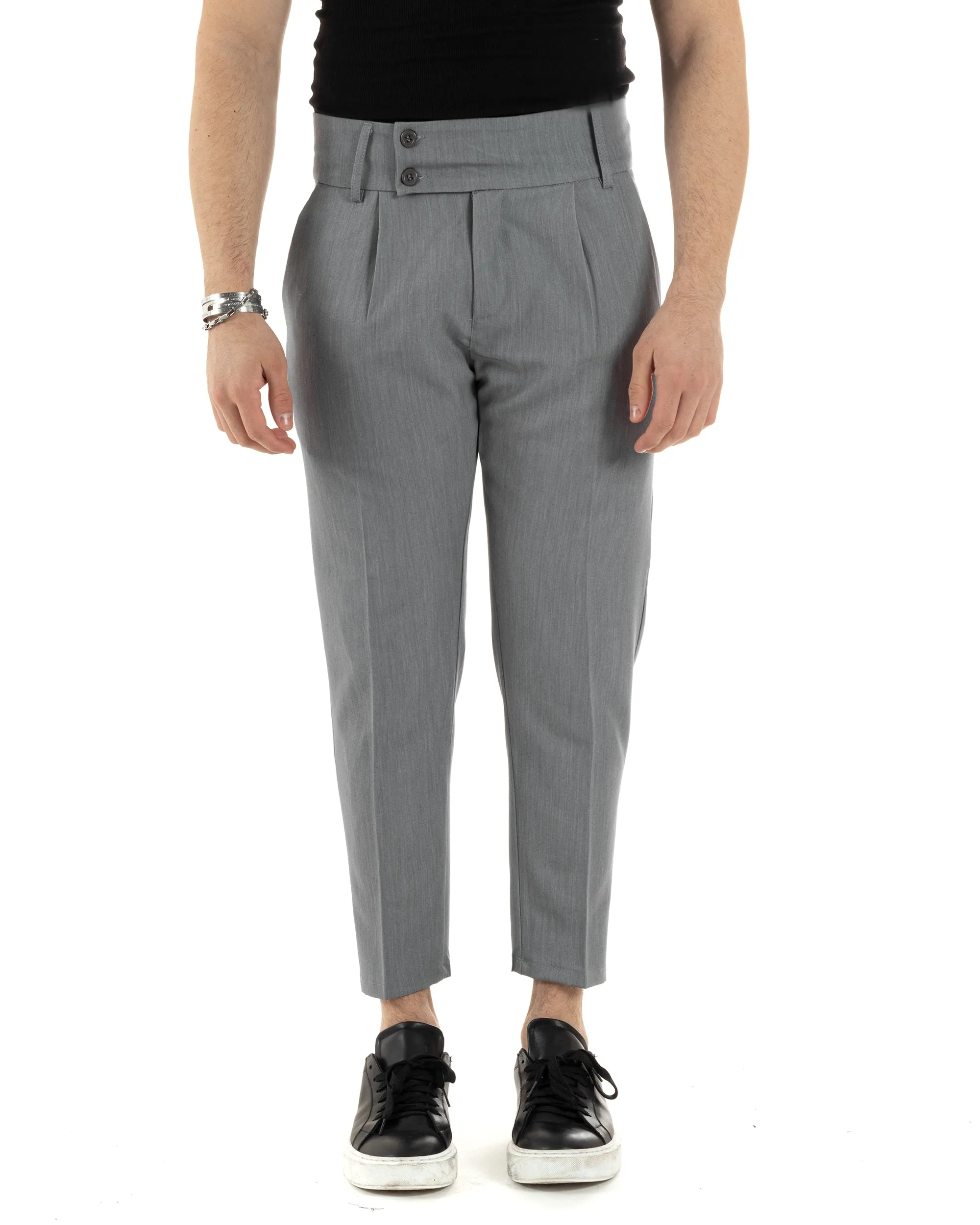 Pantaloni Uomo Viscosa Tasca America Vita Alta Classico Pinces Abbottonatura Allungata Casual Grigio GIOSAL-P6016A