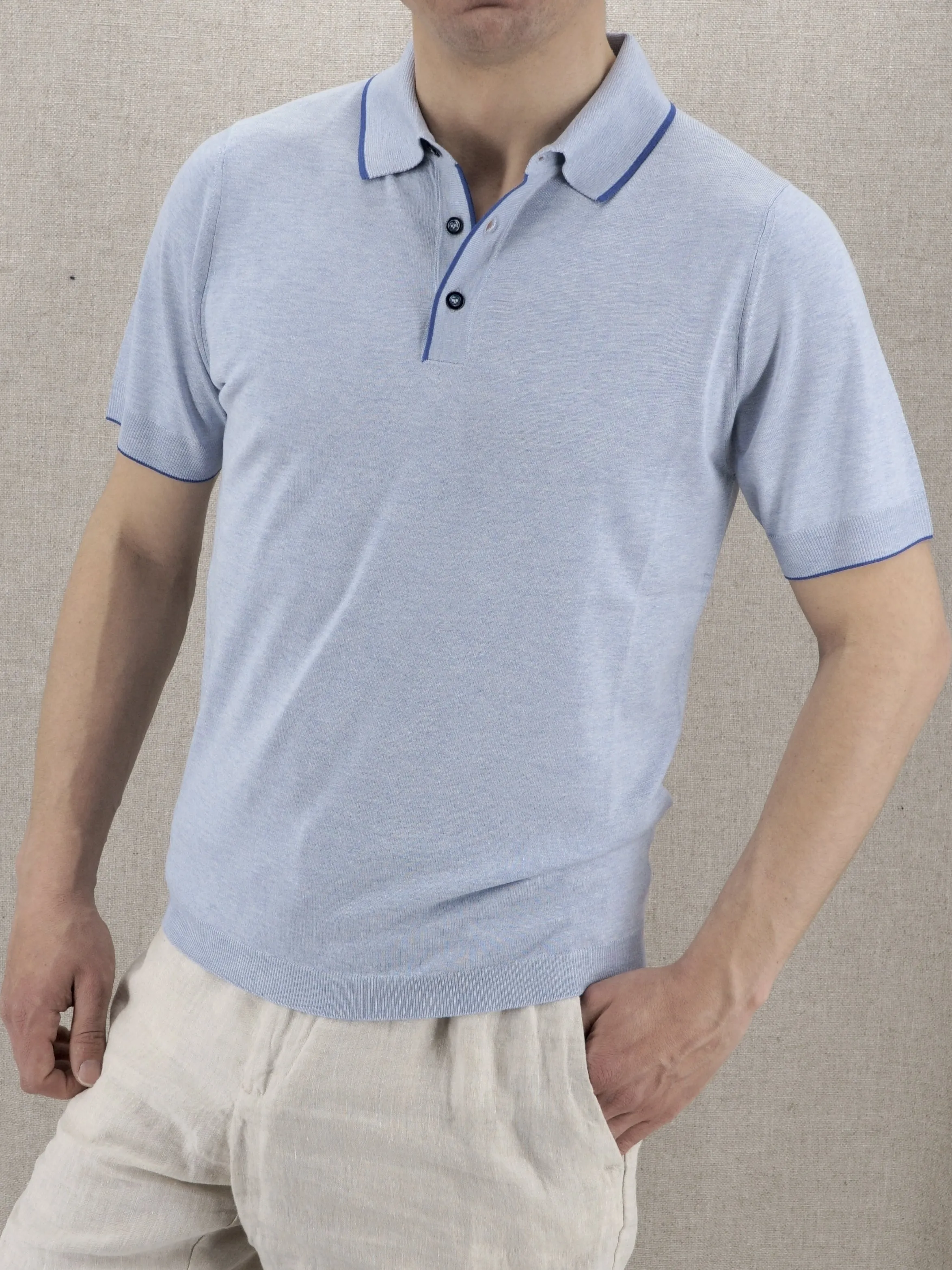 Polo in maglia Maniche Corte Azzurro Cenere 100% Seta