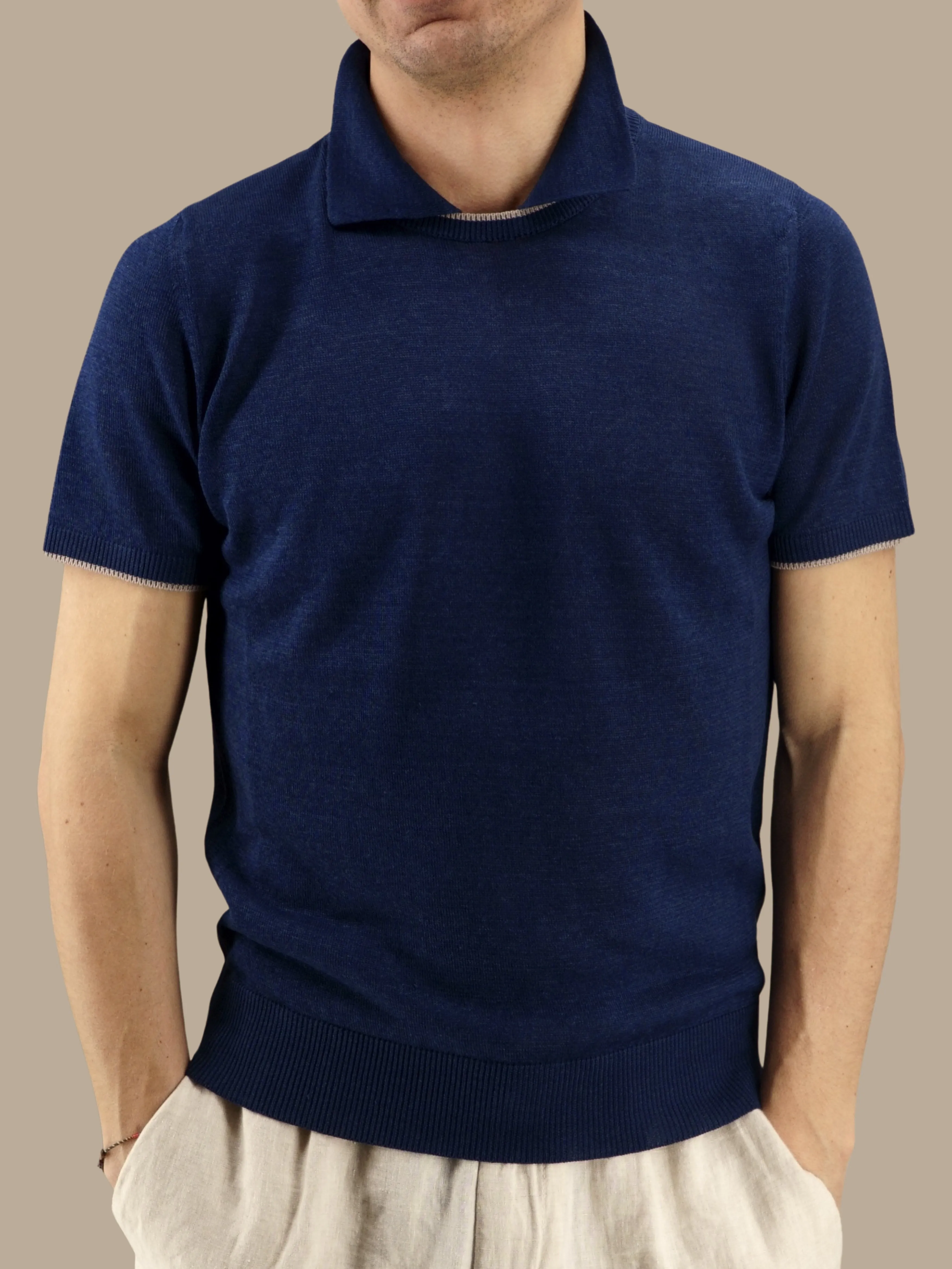 T-Shirt Polo Maniche Corte Blu 68% Lino 32% Cotone