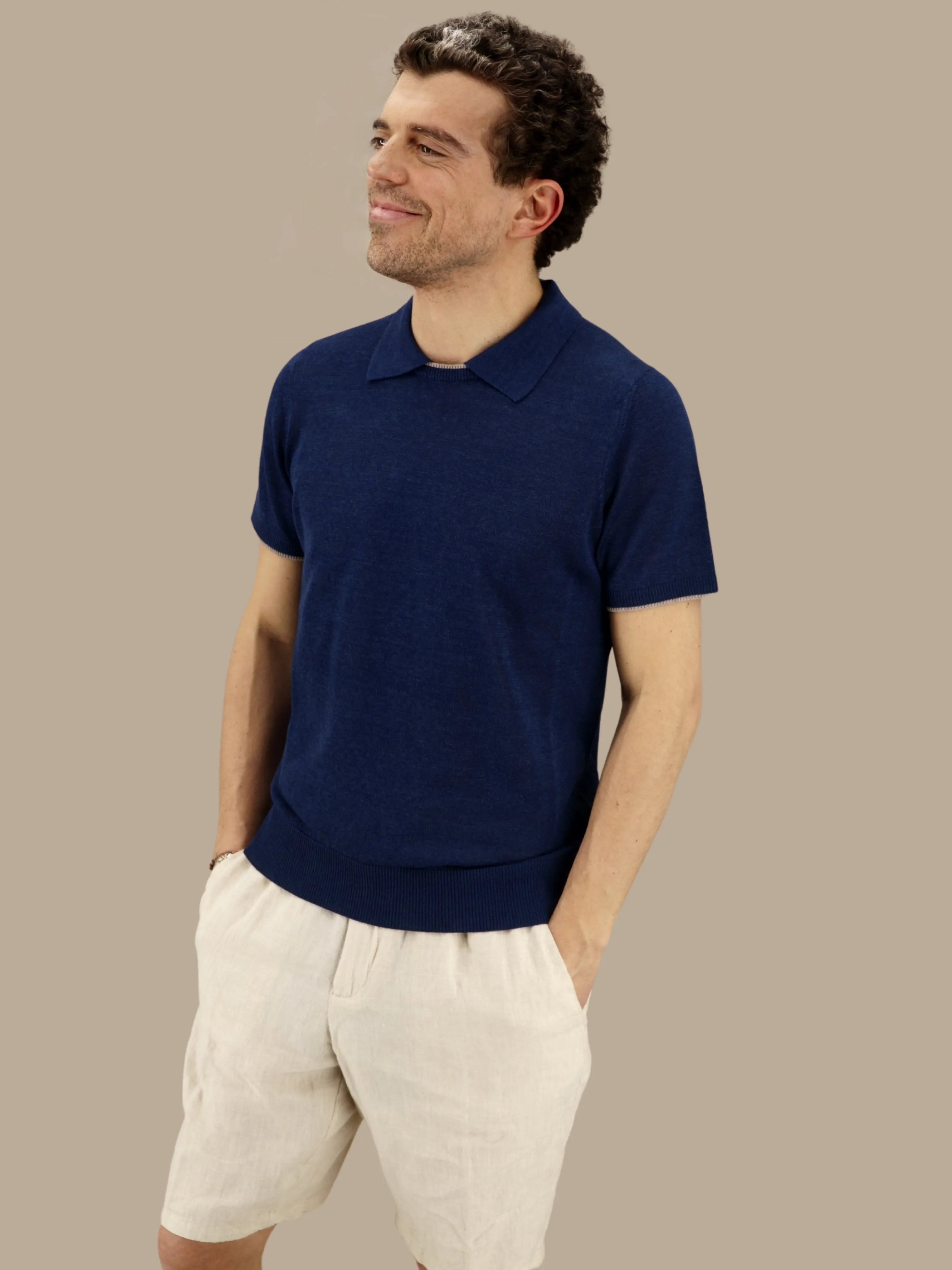 T-Shirt Polo Maniche Corte Blu 68% Lino 32% Cotone